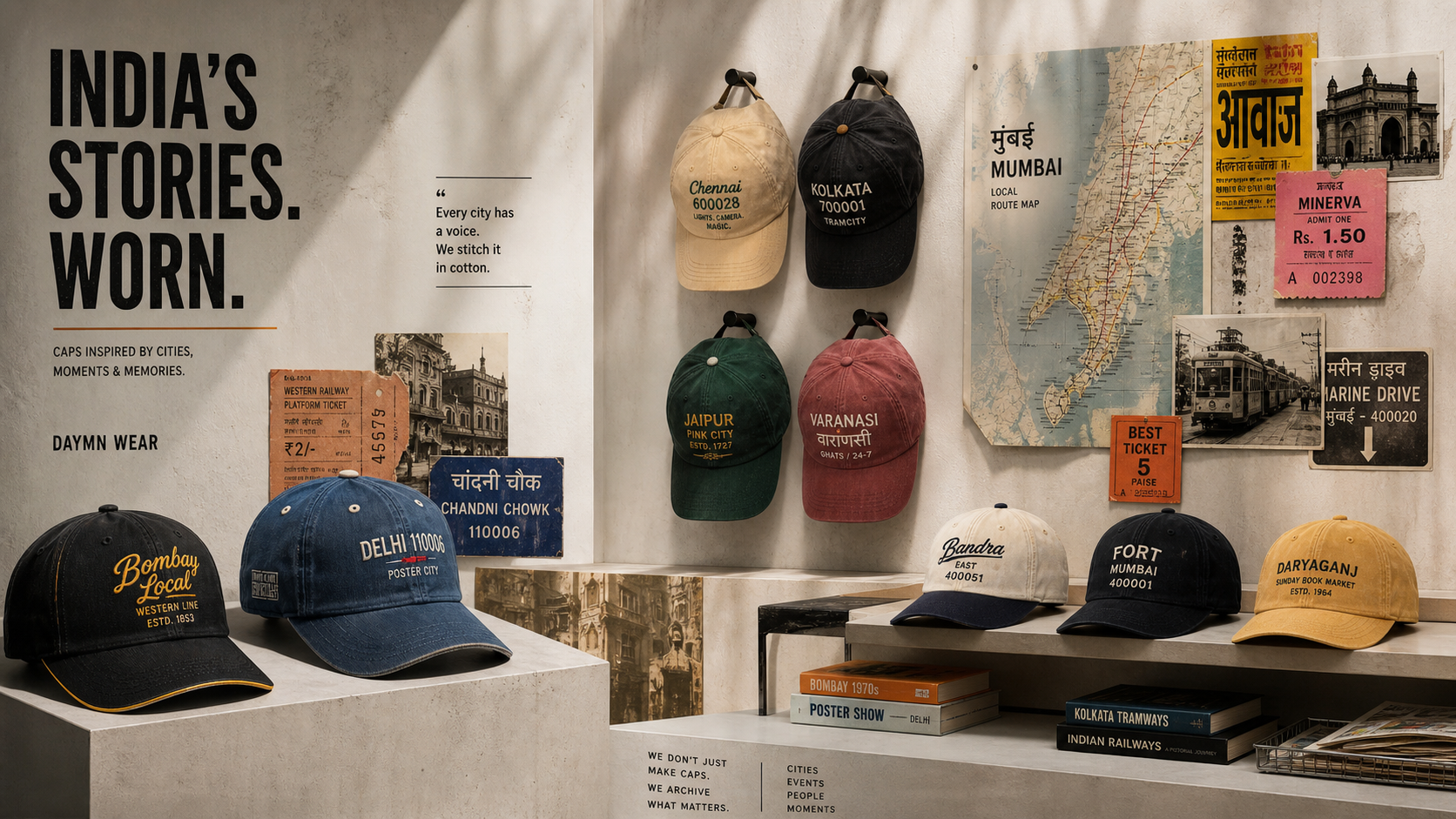 Daymn Wear caps displayed in a contemporary Indian streetwear gallery with city-story fragments
